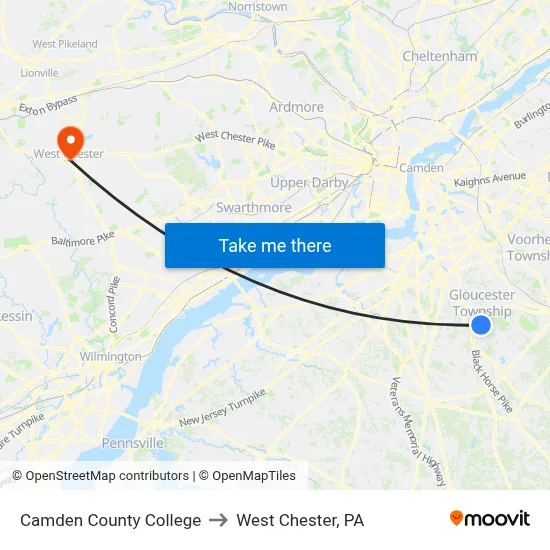 Camden County College to West Chester, PA map