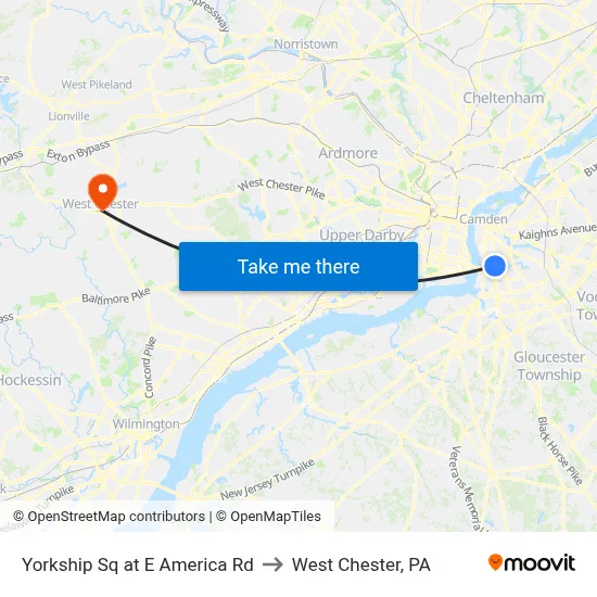 Yorkship Sq at E America Rd to West Chester, PA map