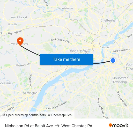 Nicholson Rd at Beloit Ave to West Chester, PA map