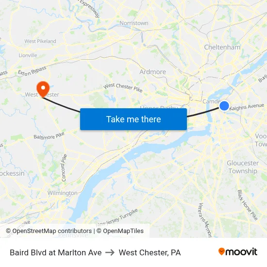 Baird Blvd at Marlton Ave to West Chester, PA map