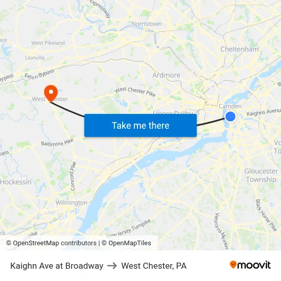 Kaighn Ave at Broadway to West Chester, PA map