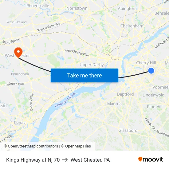 Kings Highway at Nj 70 to West Chester, PA map