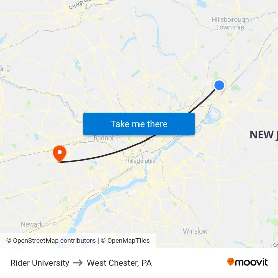 Rider University to West Chester, PA map