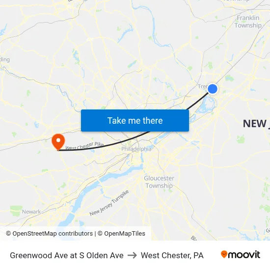 Greenwood Ave at S Olden Ave to West Chester, PA map