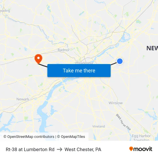 Rt-38 at Lumberton Rd to West Chester, PA map