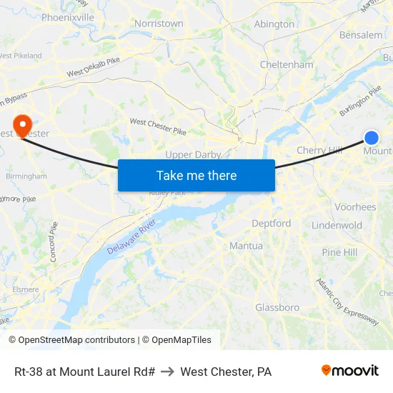 Rt-38 at Mount Laurel Rd# to West Chester, PA map