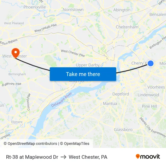 Rt-38 at Maplewood Dr to West Chester, PA map