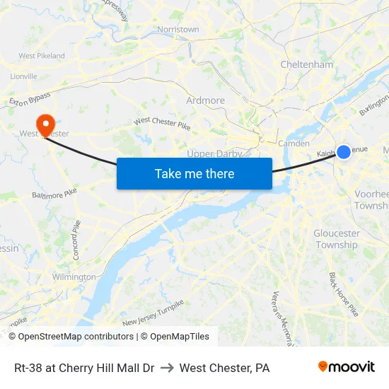 Rt-38 at Cherry Hill Mall Dr to West Chester, PA map