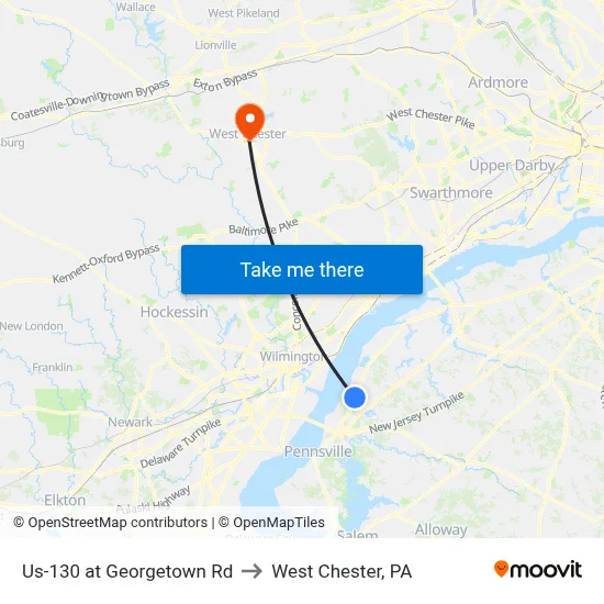 Us-130 at Georgetown Rd to West Chester, PA map