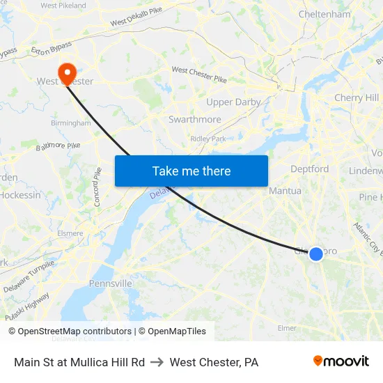 Main St at Mullica Hill Rd to West Chester, PA map