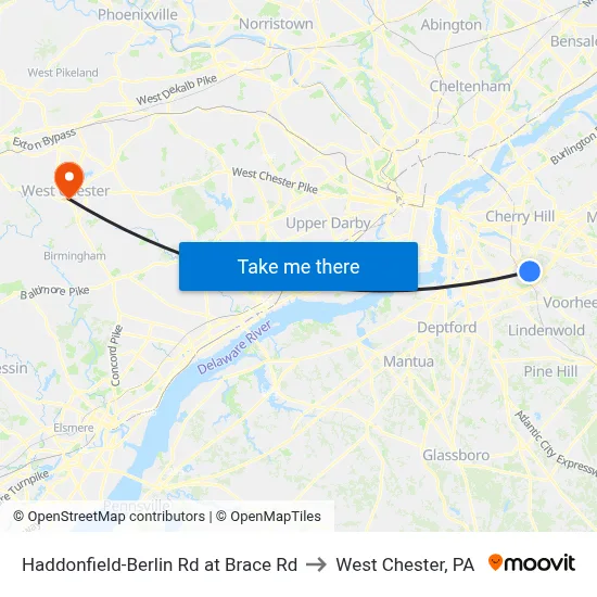 Haddonfield-Berlin Rd at Brace Rd to West Chester, PA map