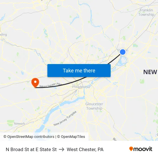 N Broad St at E State St to West Chester, PA map