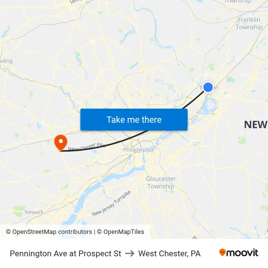 Pennington Ave at Prospect St to West Chester, PA map