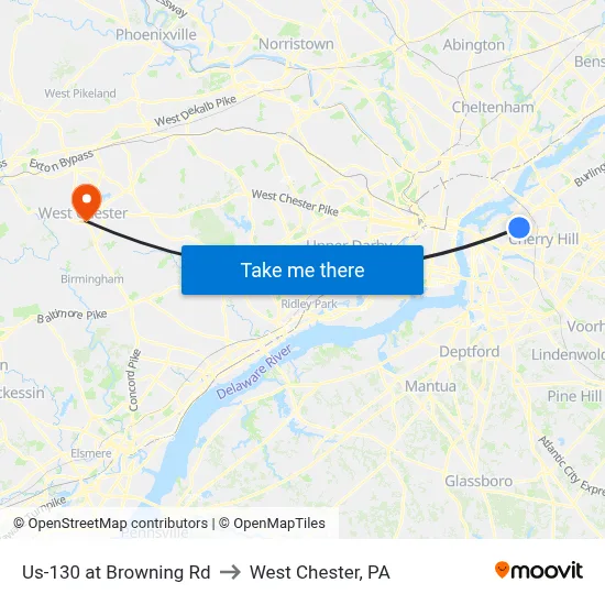 Us-130 at Browning Rd to West Chester, PA map