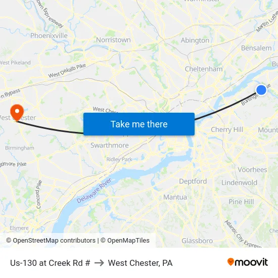 Us-130 at Creek Rd # to West Chester, PA map