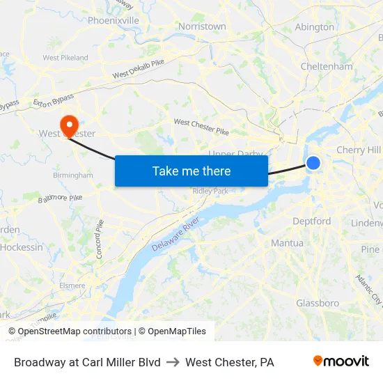 Broadway at Carl Miller Blvd to West Chester, PA map