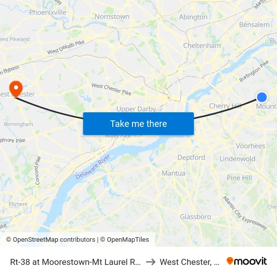 Rt-38 at Moorestown-Mt Laurel Rd# to West Chester, PA map