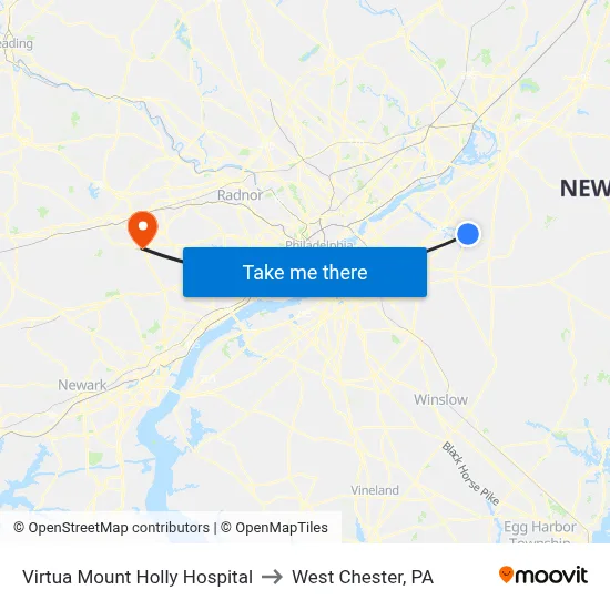 Virtua Mount Holly Hospital to West Chester, PA map