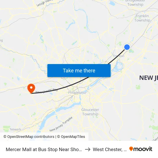 Mercer Mall at Bus Stop Near Shoprite to West Chester, PA map