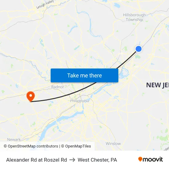 Alexander Rd at Roszel Rd to West Chester, PA map