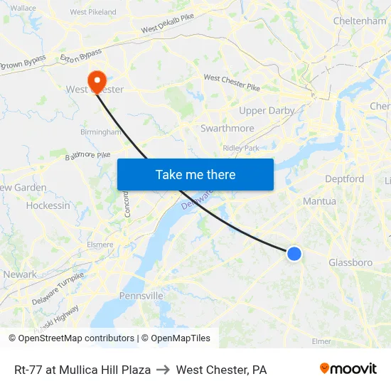 Rt-77 at Mullica Hill Plaza to West Chester, PA map