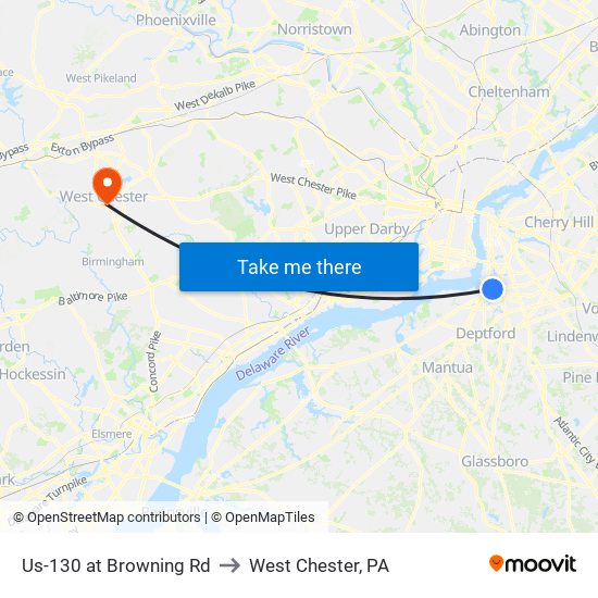 Us-130 at Browning Rd to West Chester, PA map