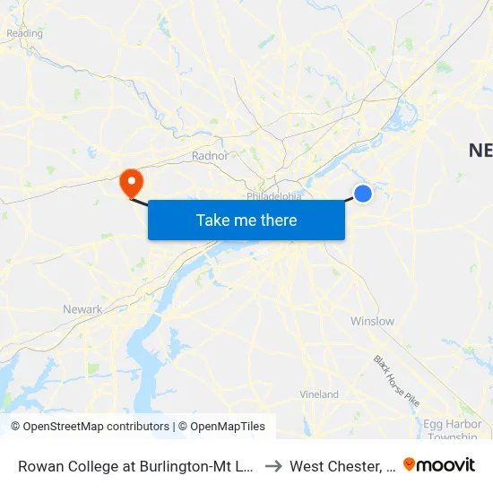 Rowan College at Burlington-Mt Laurel to West Chester, PA map