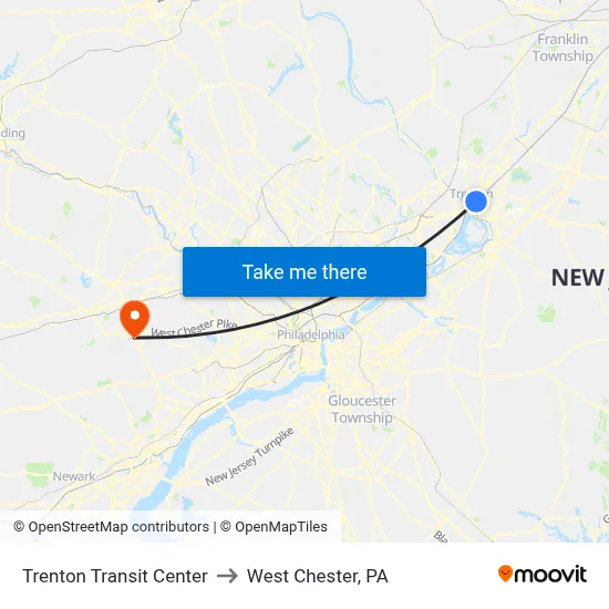 Trenton Transit Center to West Chester, PA map