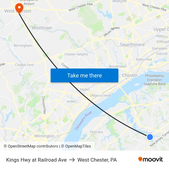 Kings Hwy at Railroad Ave to West Chester, PA map
