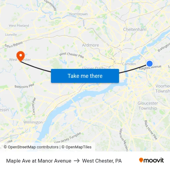 Maple Ave at Manor Avenue to West Chester, PA map