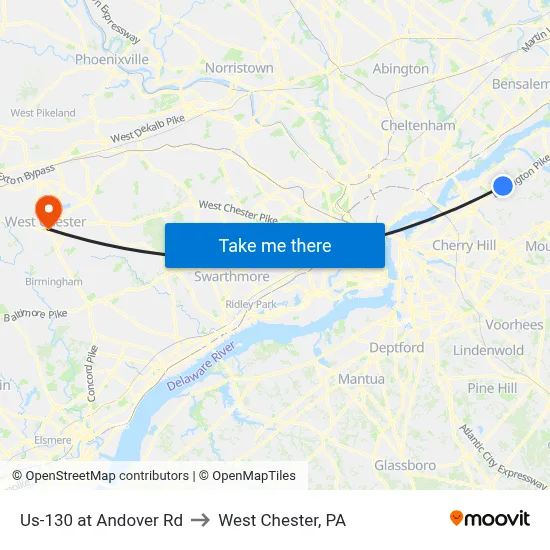 Us-130 at Andover Rd to West Chester, PA map