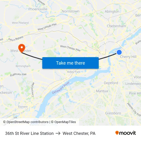 36th St River Line Station to West Chester, PA map
