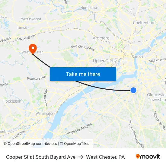 Cooper St at South Bayard Ave to West Chester, PA map