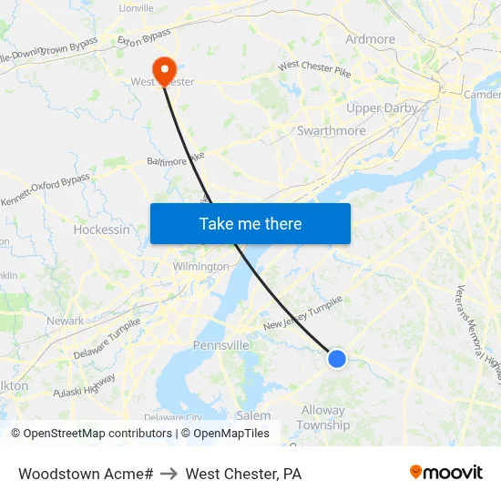 Woodstown Acme# to West Chester, PA map