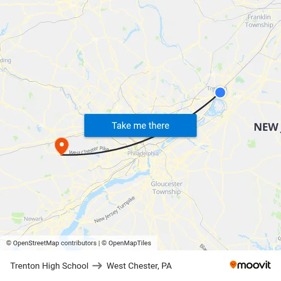 Trenton High School to West Chester, PA map