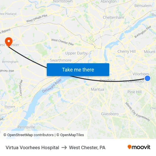 Virtua Voorhees Hospital to West Chester, PA map