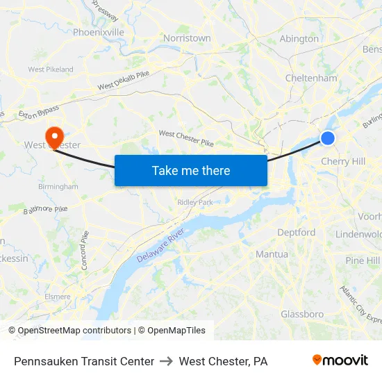 Pennsauken Transit Center to West Chester, PA map