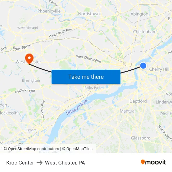 Kroc Center to West Chester, PA map