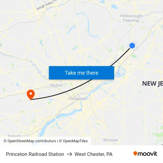 Princeton Railroad Station to West Chester, PA map