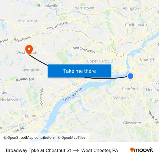 Broadway Tpke at Chestnut St to West Chester, PA map