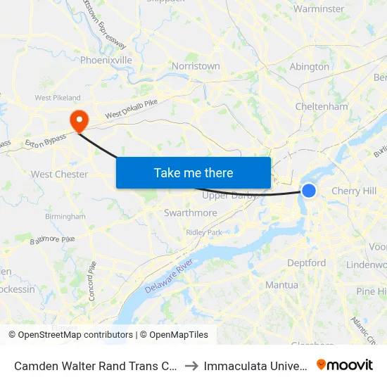 Camden Walter Rand Trans Center to Immaculata University map