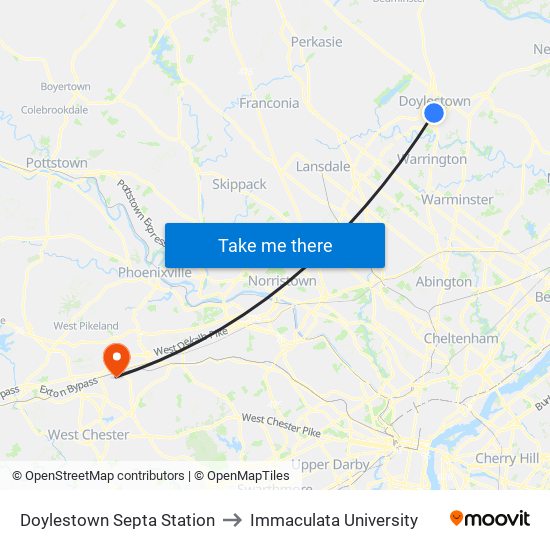 Doylestown Septa Station to Immaculata University map