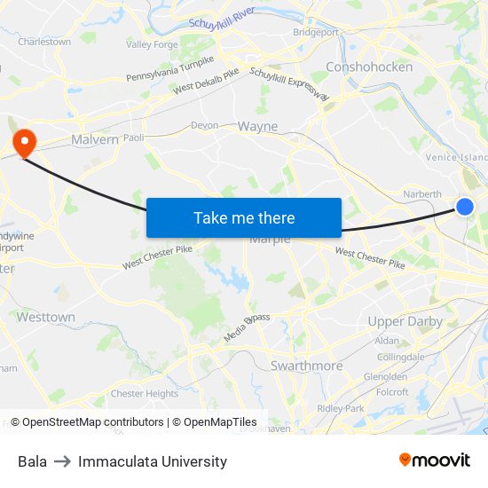 Bala to Immaculata University map