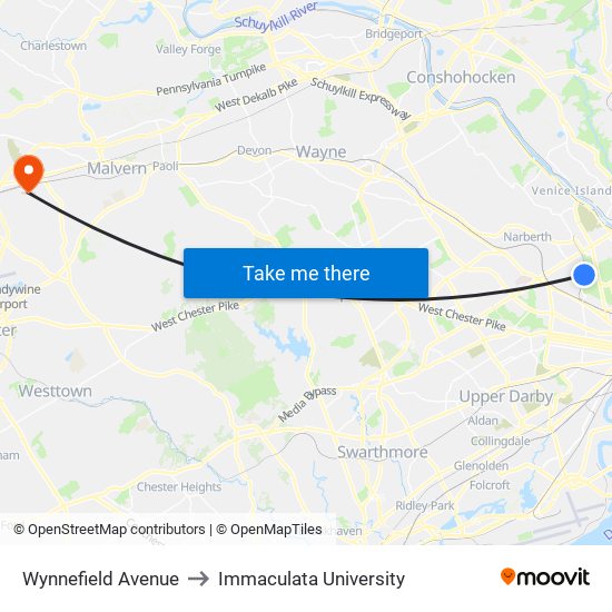 Wynnefield Avenue to Immaculata University map