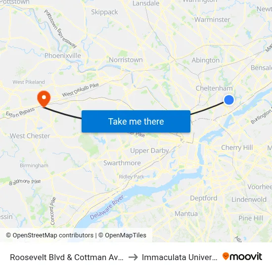 Roosevelt Blvd & Cottman Av - FS to Immaculata University map