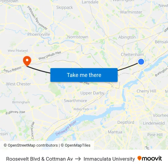 Roosevelt Blvd & Cottman Av to Immaculata University map