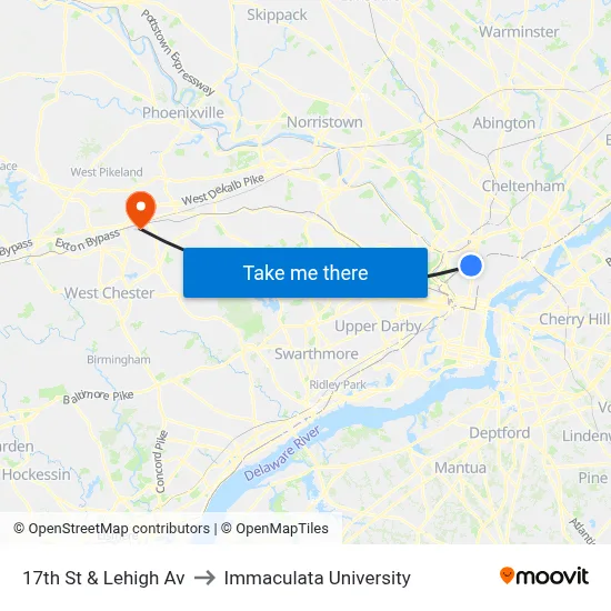 17th St & Lehigh Av to Immaculata University map