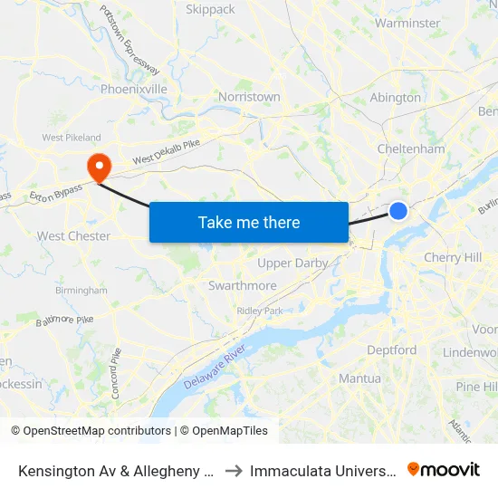 Kensington Av & Allegheny Av to Immaculata University map