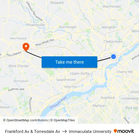 Frankford Av & Torresdale Av to Immaculata University map