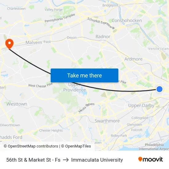 56th St & Market St - Fs to Immaculata University map
